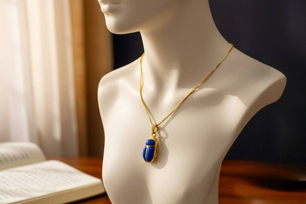 Gold Egyptian Scarab Lapis Lazuli Necklace, Handmade Talisman Divine Pendant: Pendant Only