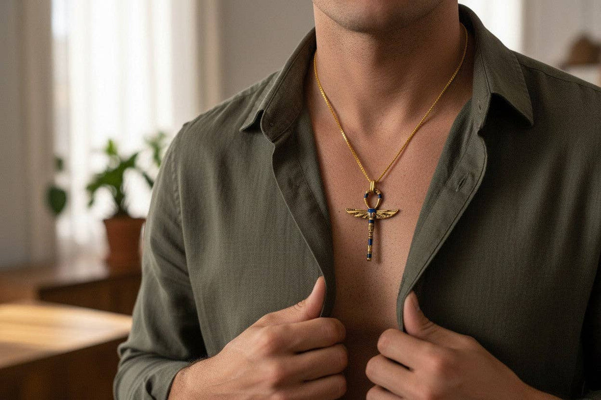 Gold Winged Ankh Pendant Necklace, Egyptian Key of Life Talisman: Pendant Only