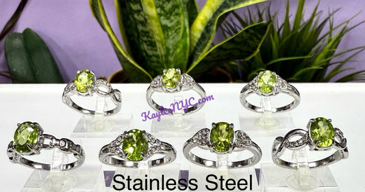 Natural Peridot Stainless Steel Rings (316) 5x7mm