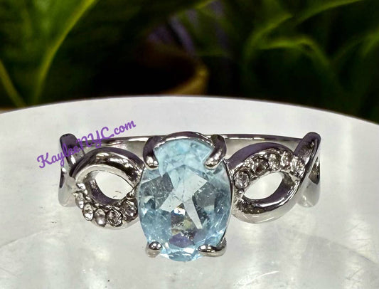 Faceted Natural Blue Topaz Stainless Steel Rings 7x9mm