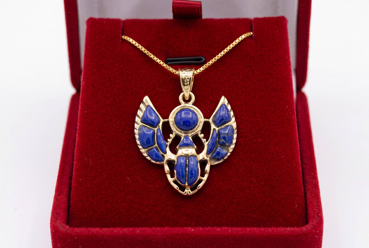 Gold Scarab Lapis Lazuli Pendant Necklace, Egyptian Revival : Pendant Only