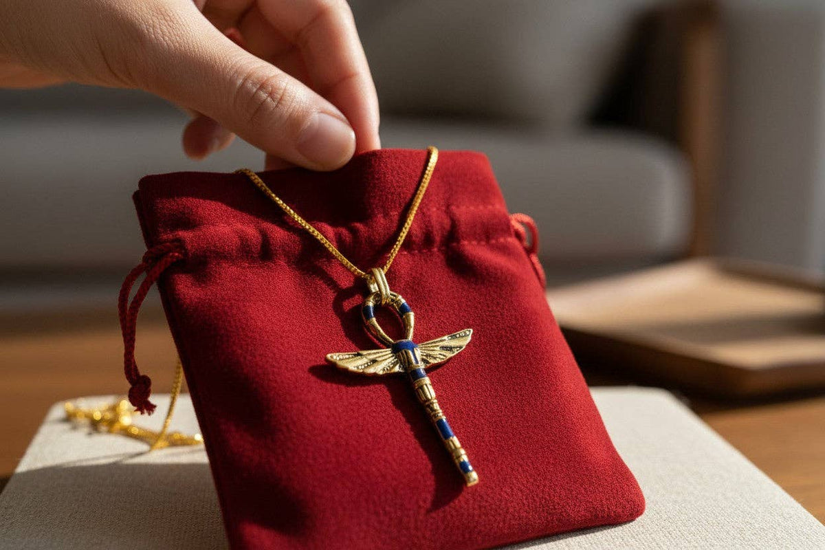 Gold Winged Ankh Pendant Necklace, Egyptian Key of Life Talisman: Pendant Only