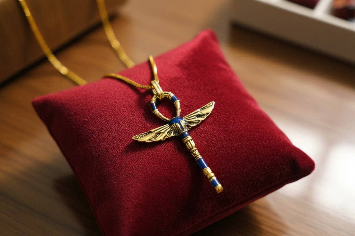 Gold Winged Ankh Pendant Necklace, Egyptian Key of Life Talisman: Pendant Only