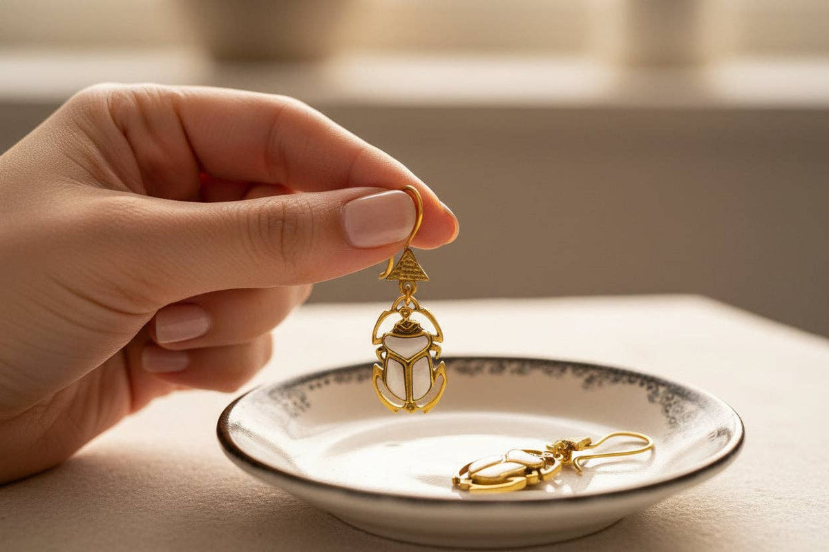 Gold Mother of Pearl Scarab Earrings, Egyptian Talisman Jewelry