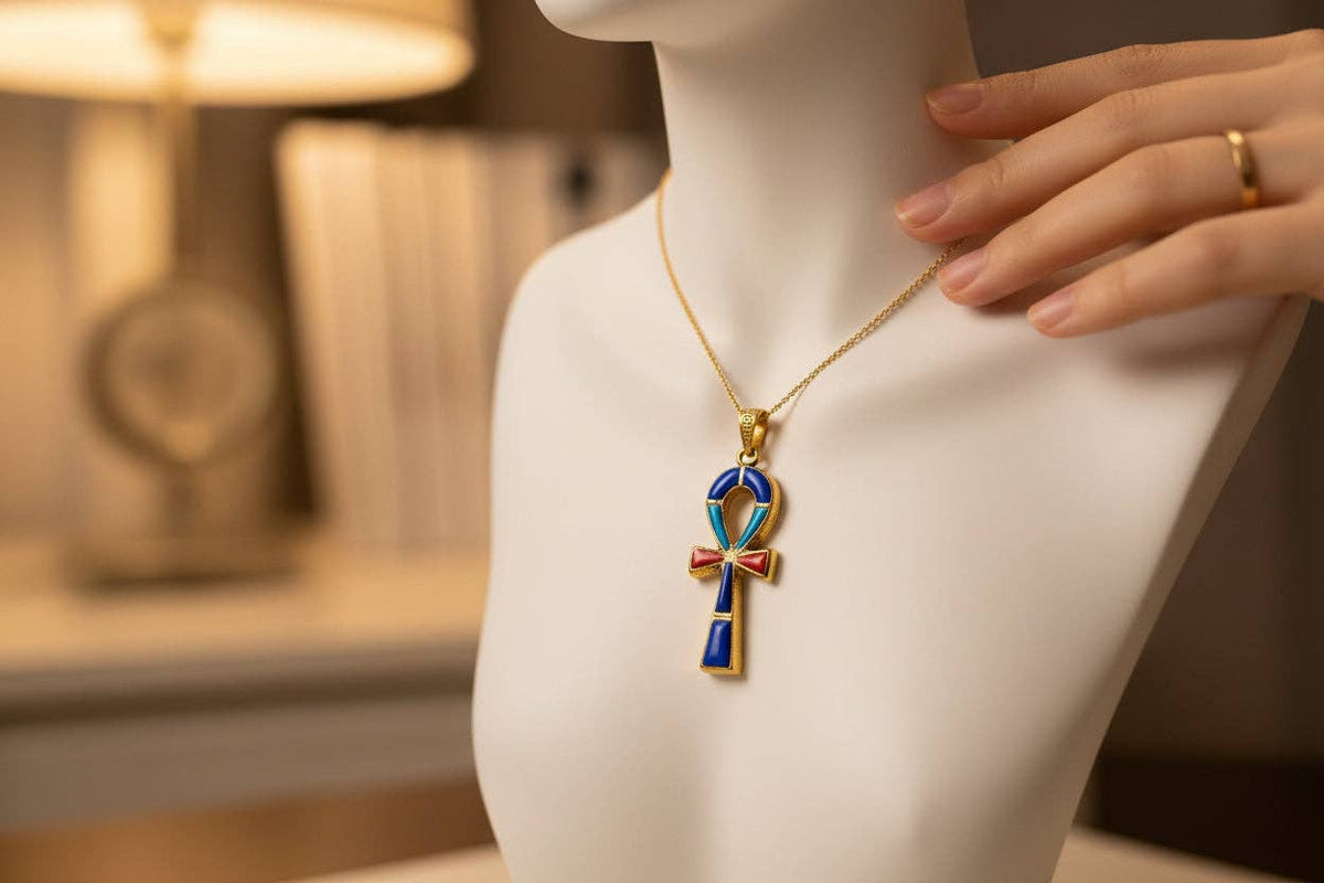 Gold Key Of Life Ankh Pendant Necklace, Lapis Lazuli, Turquoise & Coral Egyptian Jewelry: Pendant Only