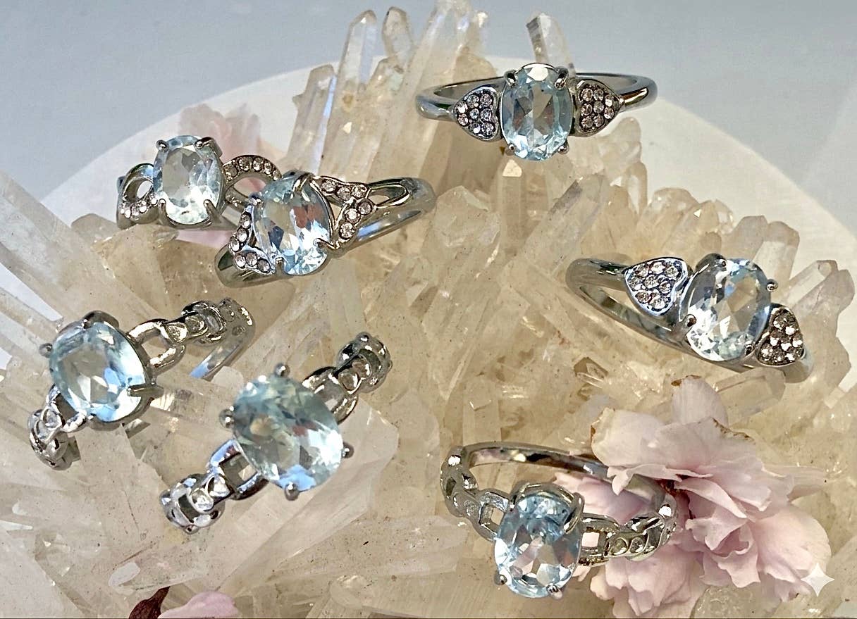 Faceted Natural Blue Topaz Stainless Steel Rings 7x9mm