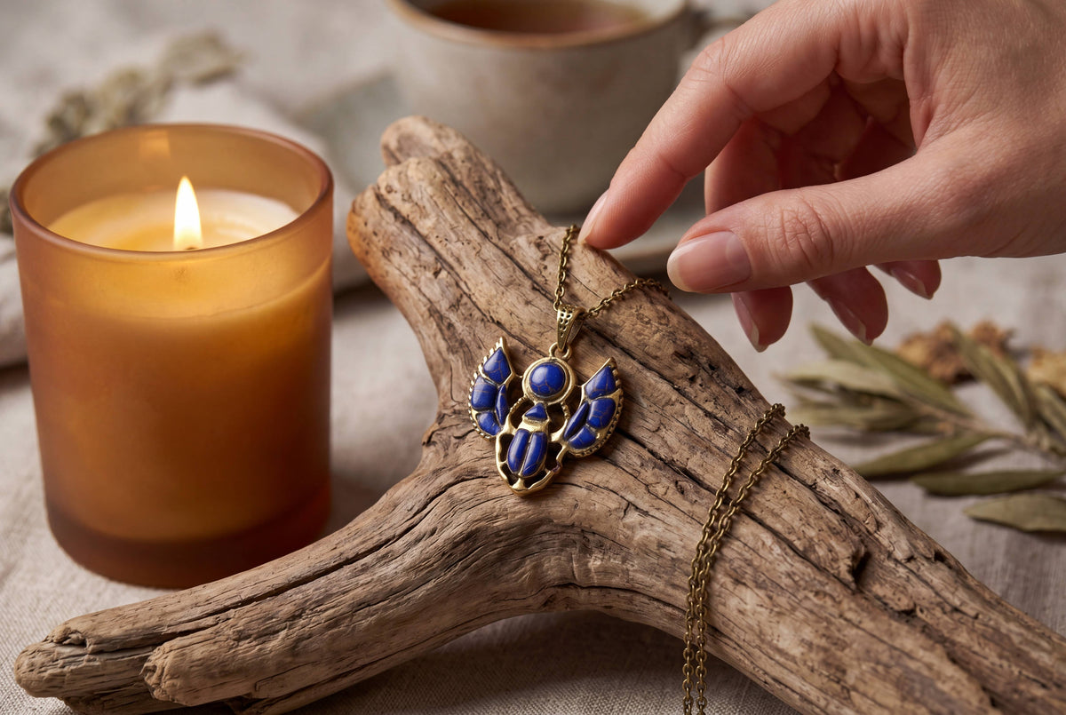 Gold Scarab Lapis Lazuli Pendant Necklace, Egyptian Revival : Pendant Only