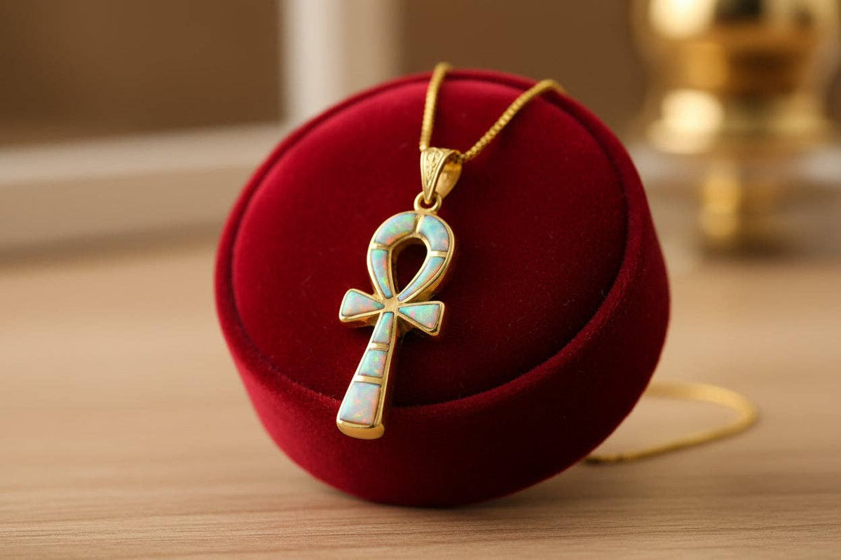 Gold Opal Key Of Life Ankh Pendant, Egyptian Revival Divine Minimalist Necklace: Pendant Only