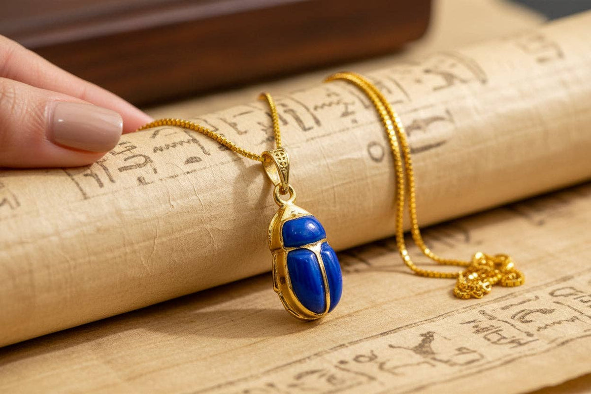 Gold Egyptian Scarab Lapis Lazuli Necklace, Handmade Talisman Divine Pendant: Pendant Only