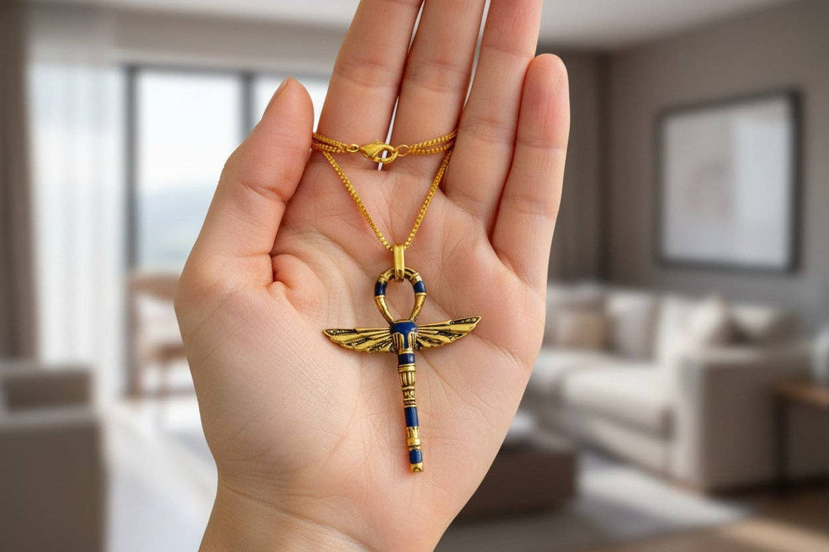 Gold Winged Ankh Pendant Necklace, Egyptian Key of Life Talisman: Pendant Only
