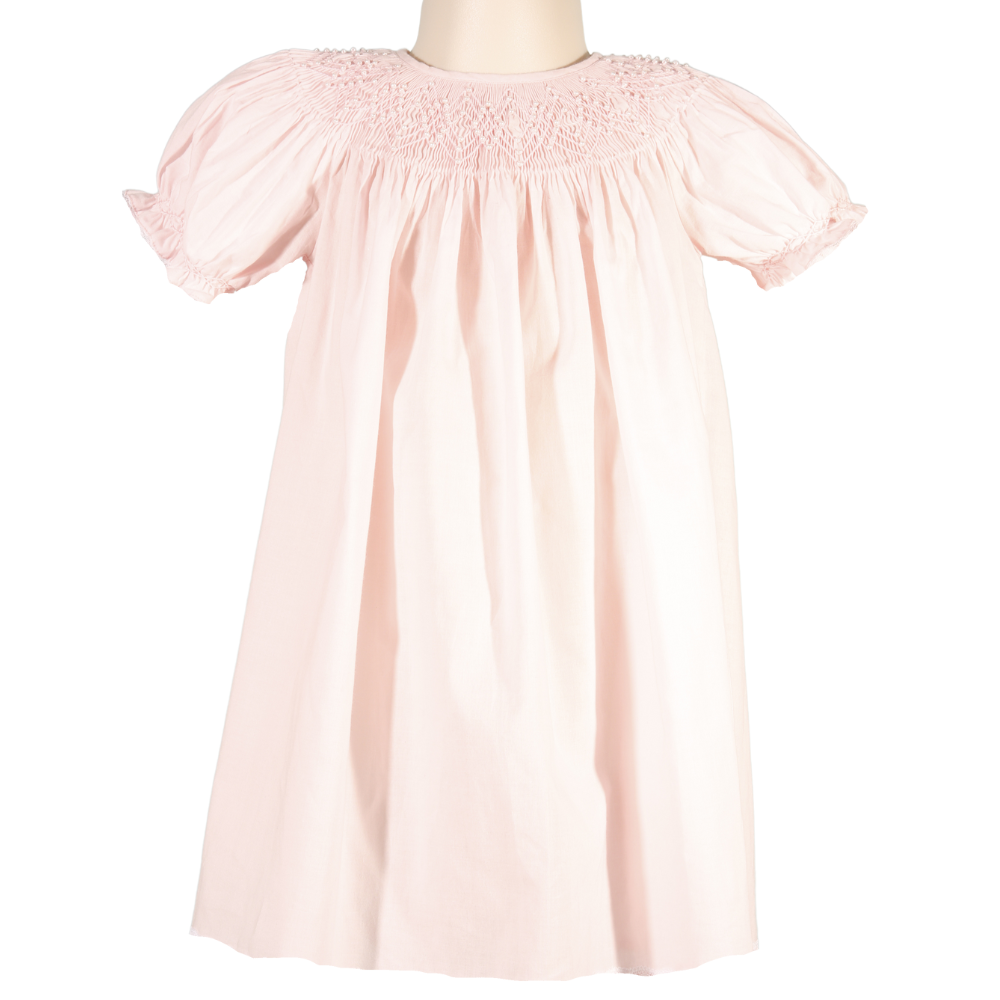 Light Pink Geometric Smocked with Pearl Short Sleeve Bishop Dress: 3 months