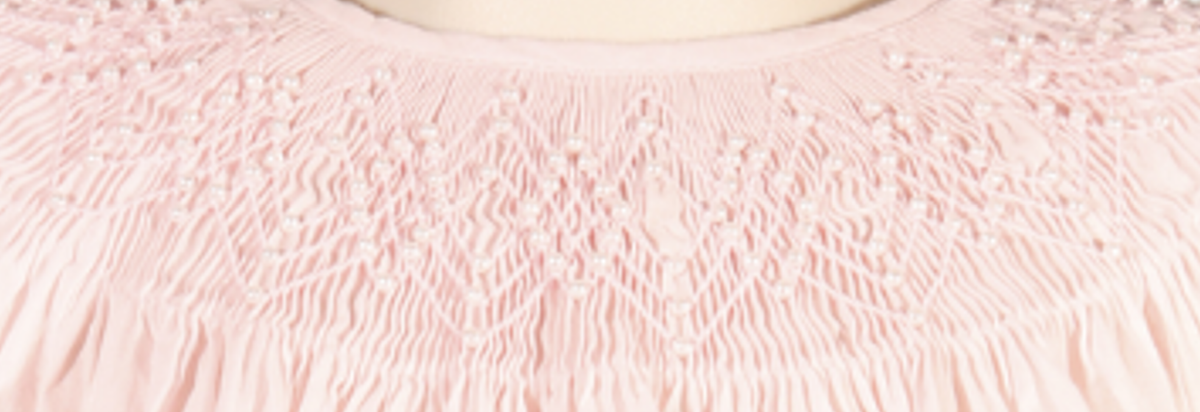 Light Pink Geometric Smocked with Pearl Short Sleeve Bishop Dress: 3 months