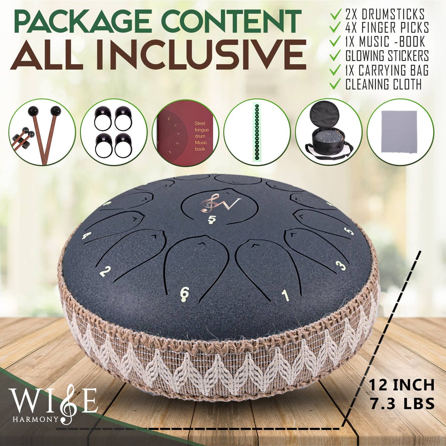 12-Inch Steel Tongue Drum - 13 Notes - Rain Drum - Black