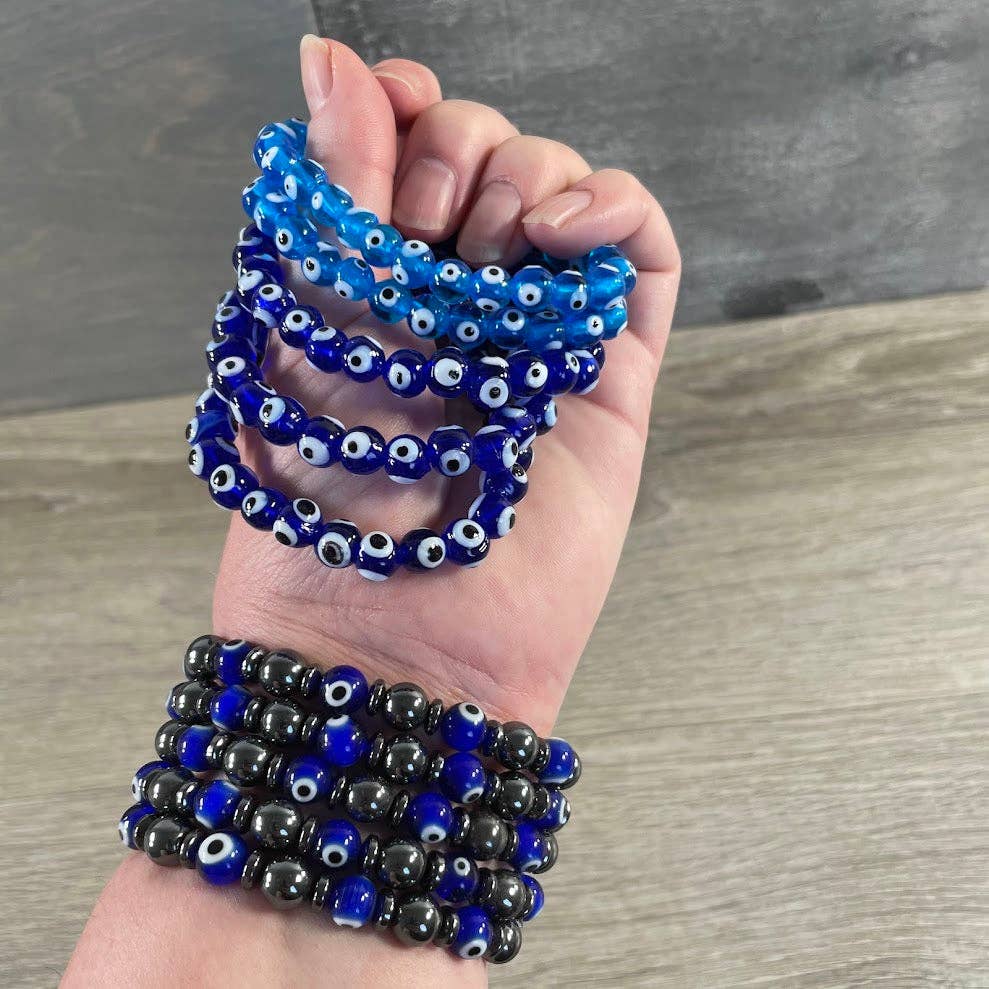 Evil Eye Protection Beaded Bracelet – Wholesale Spiritual Jewelry for Boutiques: Light Blue Glass Only by Each