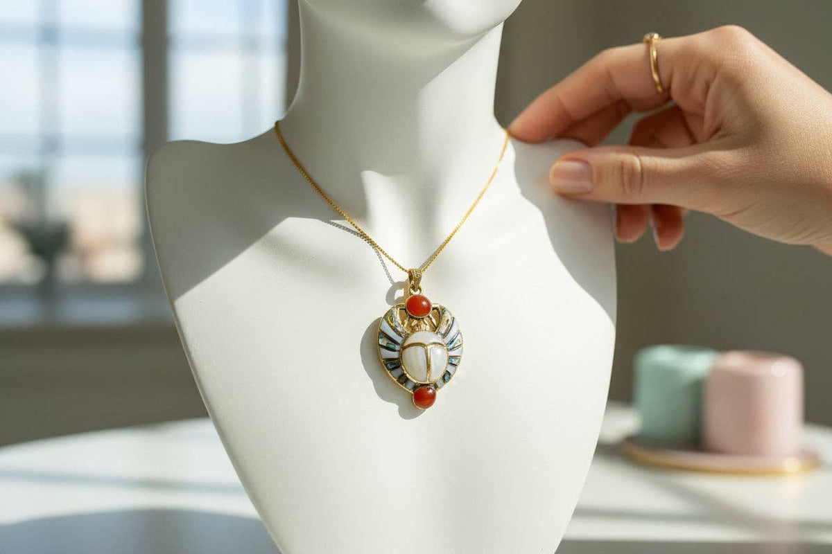 Gold Royal Scarab Pendant Necklace, Mother of Pearl Egyptian Revival Jewelry: Pendant Only