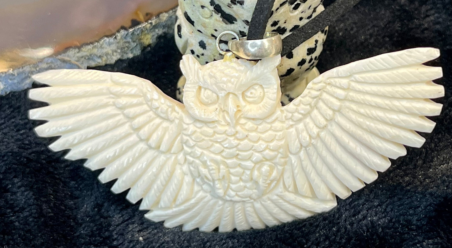 Hand Carved Bone Owl Pendant Outstretched Wings