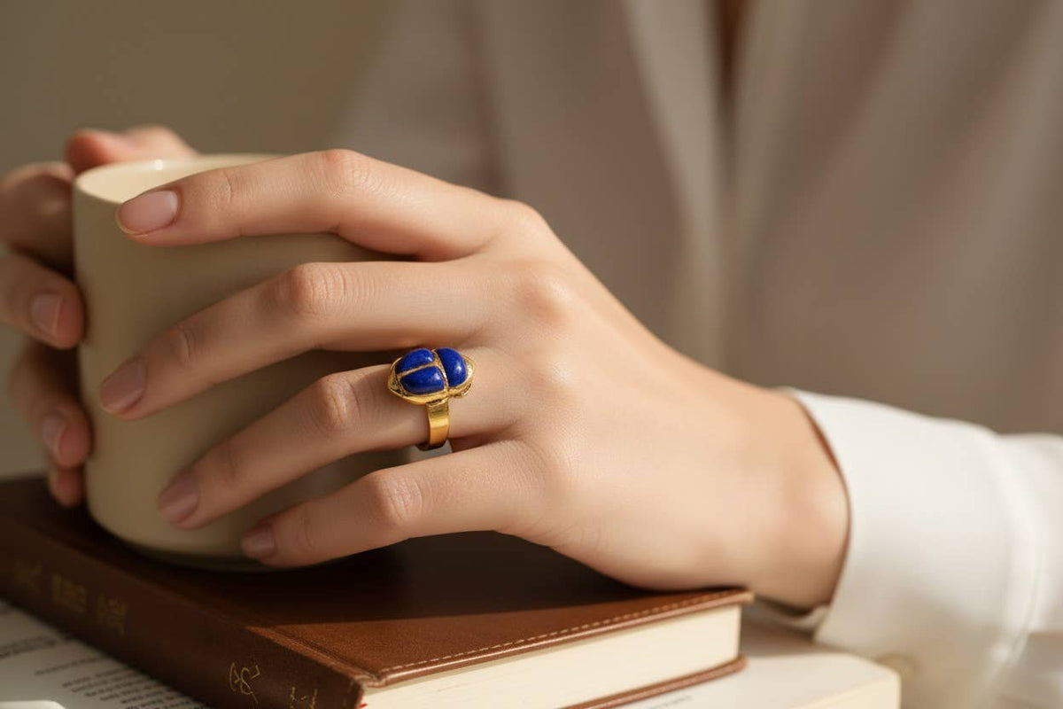 Gold Lapis Lazuli Scarab Ring, Ancient Egyptian Scarab
