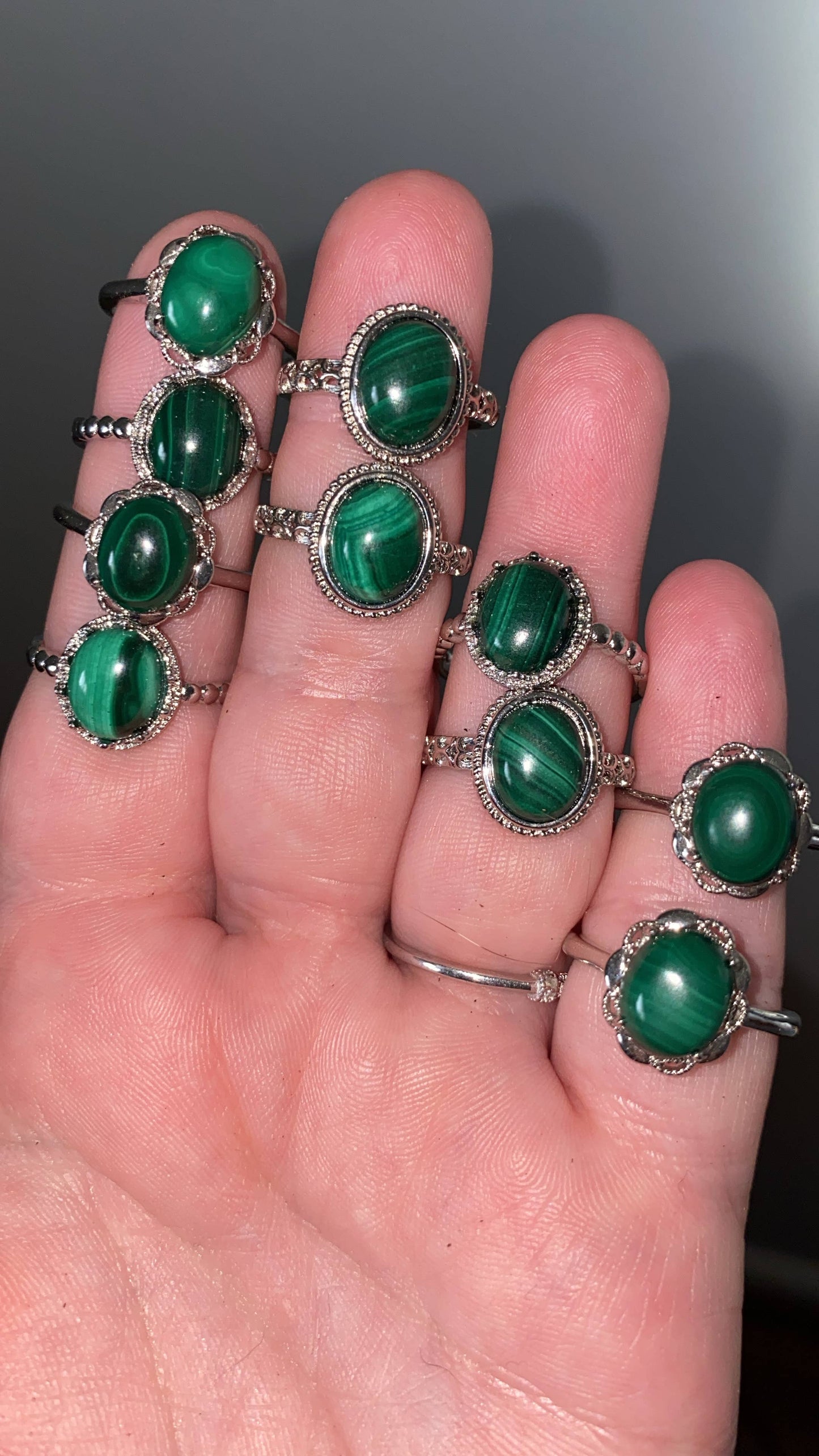 Adjustable Malachite Rings Silver plated Crystal Rings