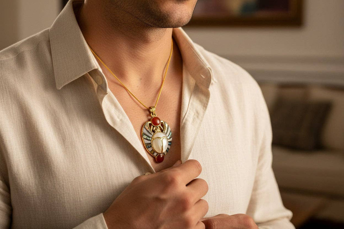 Gold Royal Scarab Pendant Necklace, Mother of Pearl Egyptian Revival Jewelry: Pendant Only