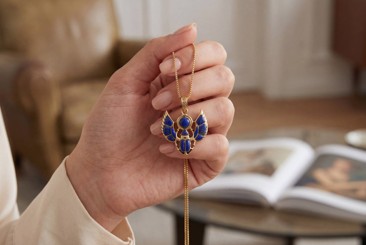 Gold Scarab Lapis Lazuli Pendant Necklace, Egyptian Revival : Pendant Only