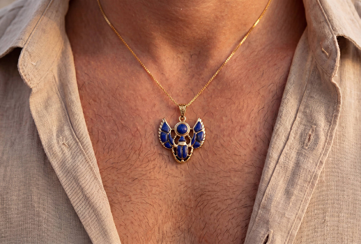 Gold Scarab Lapis Lazuli Pendant Necklace, Egyptian Revival : Pendant Only