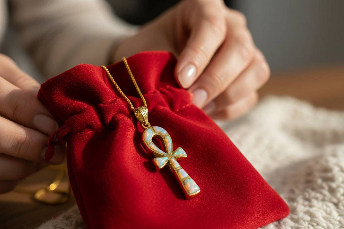Gold Opal Key Of Life Ankh Pendant, Egyptian Revival Divine Minimalist Necklace: Pendant Only