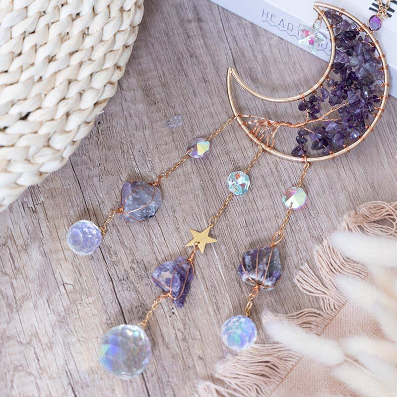 Natural Stone Crystal Moon Shaped Suncatcher 8ZA7HLS08: Purple