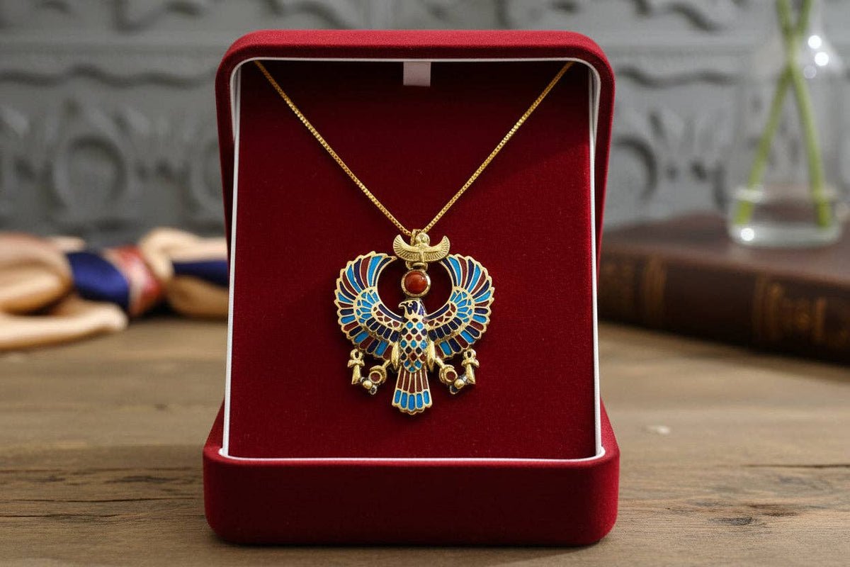 Gold God Horus Large Enamel Pendant, Egyptian Revival Talisman Necklace: Pendant Only