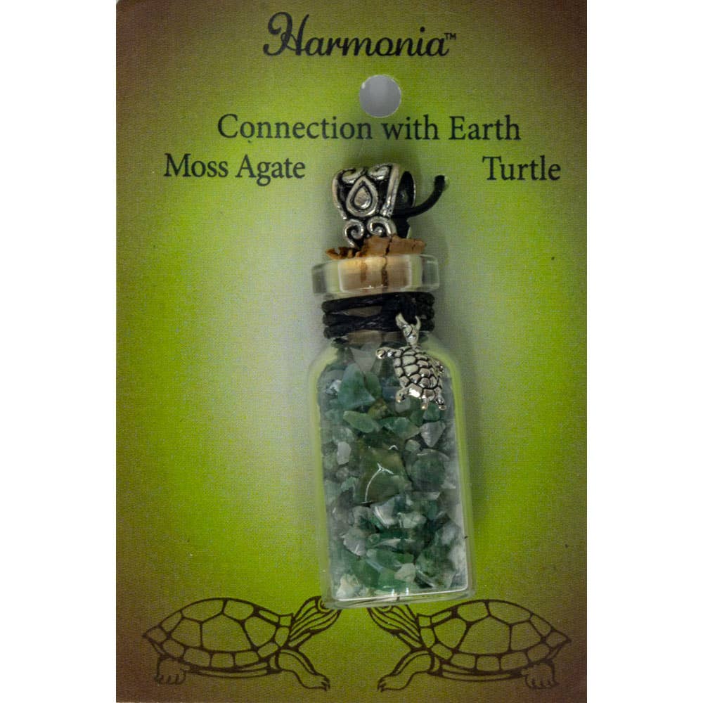 Gemstone Chip Bottle Necklace - Moss Agate w/ Turtle (Each)