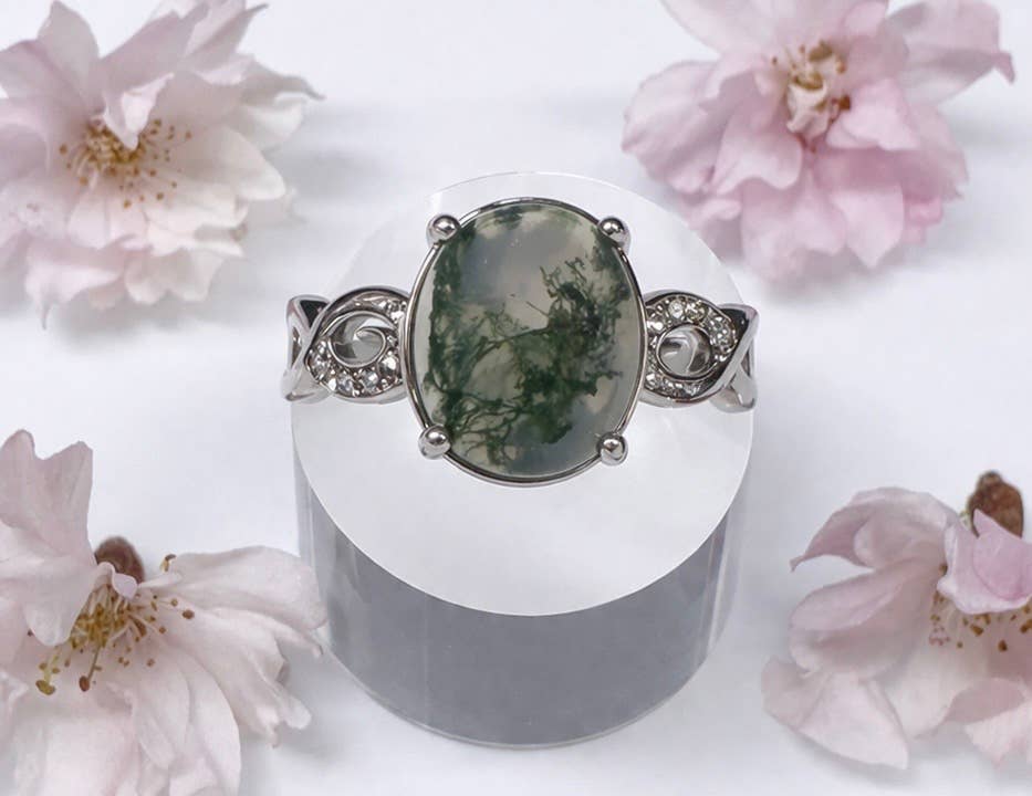 Natural Moss Agate Stainless Steel Rings 10x12mm