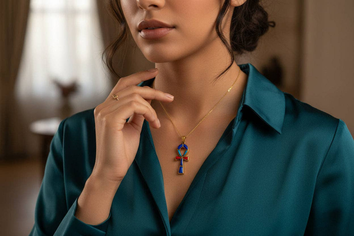 Gold Key Of Life Ankh Pendant Necklace, Lapis Lazuli, Turquoise & Coral Egyptian Jewelry: Pendant Only