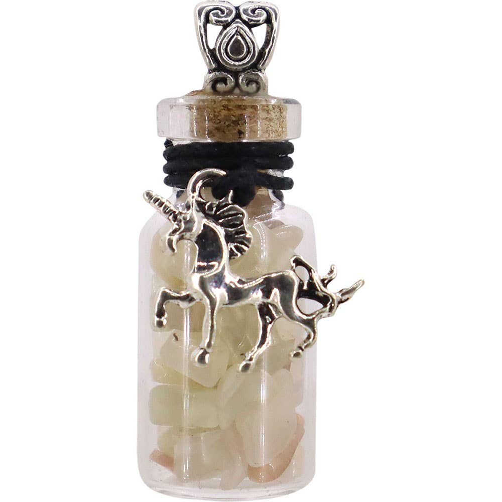 Gemstone Chip Bottle Necklace - Multi Moonstone w/ Unicorn
