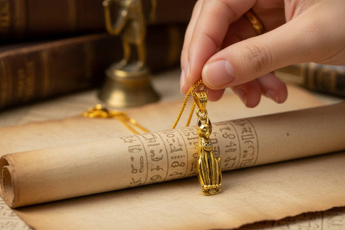 Gold Goddess Bastet Cat Pendant Necklace, Egyptian Revival Jewelry: Pendant Only