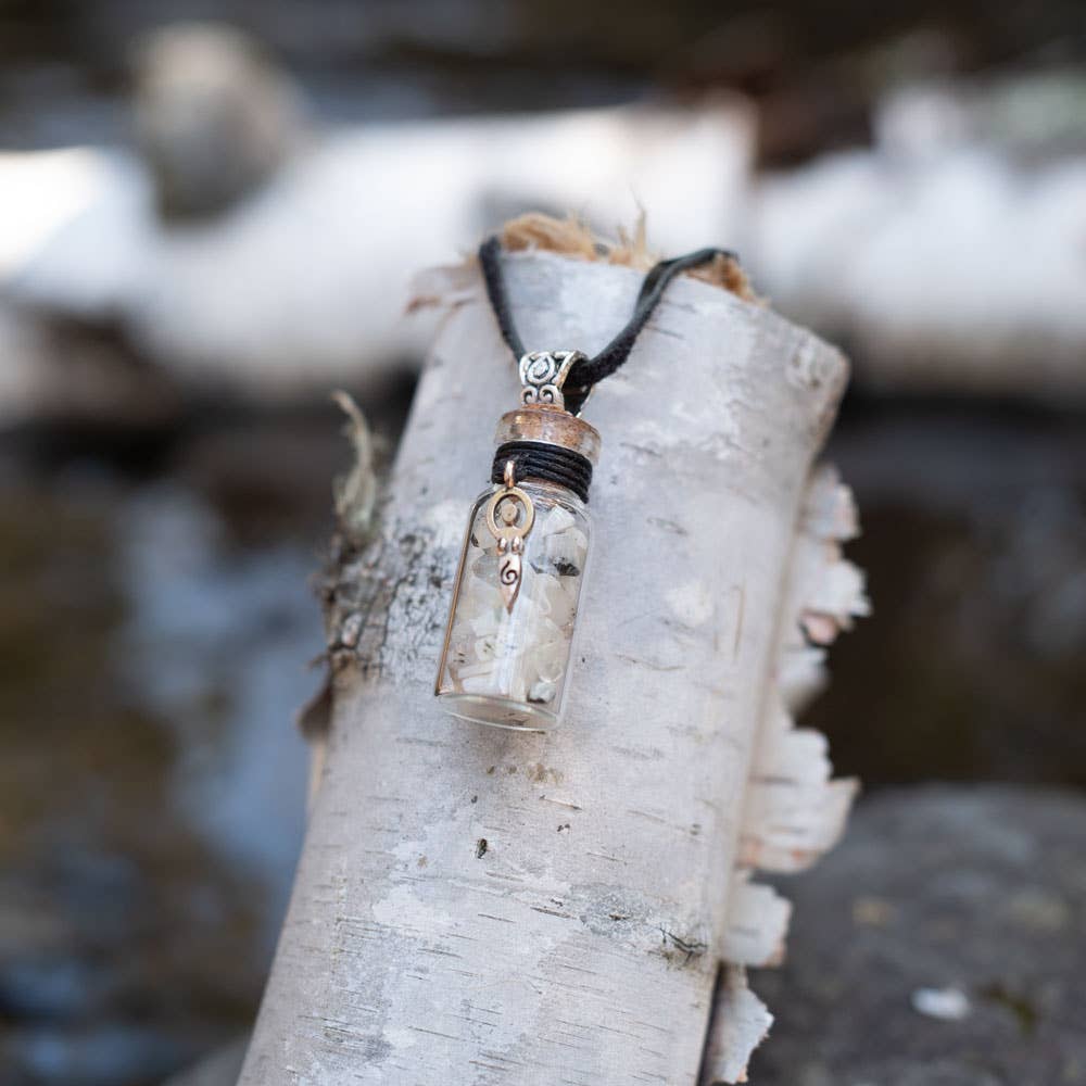 Gemstone Chip Bottle Necklace - Rainbow Moonstone w/ Goddess