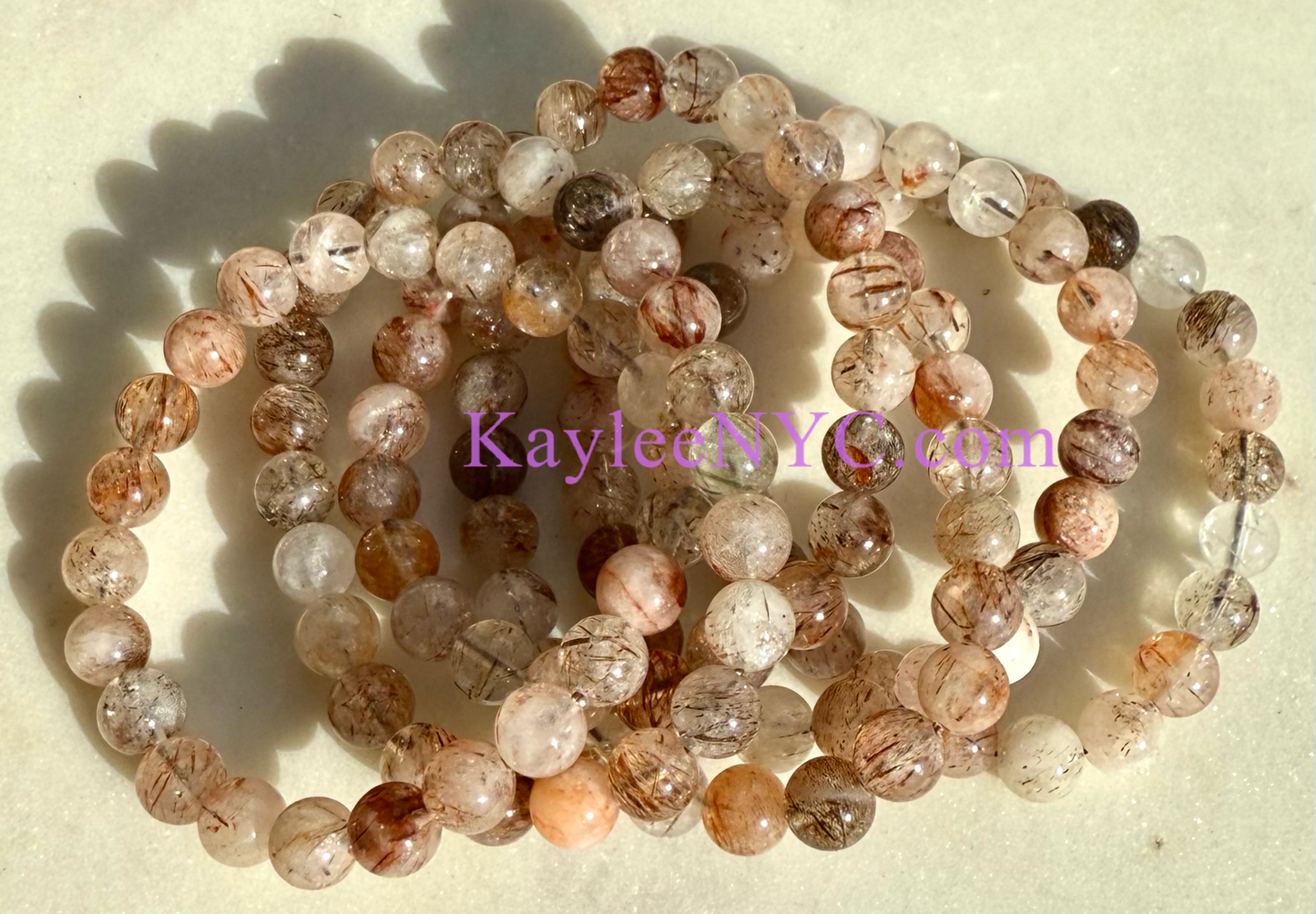 8mm Natural Rutilated Quartz Crystal Stretch Bracelet 7.5"