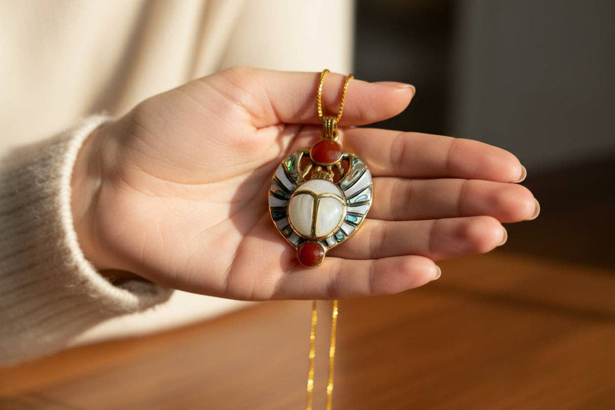 Gold Royal Scarab Pendant Necklace, Mother of Pearl Egyptian Revival Jewelry: Pendant Only