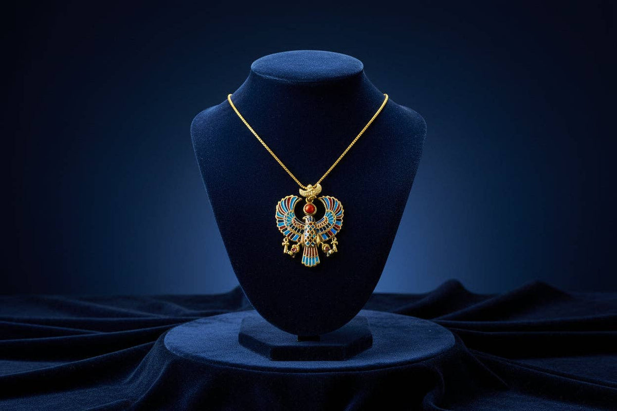 Gold God Horus Large Enamel Pendant, Egyptian Revival Talisman Necklace: Pendant Only