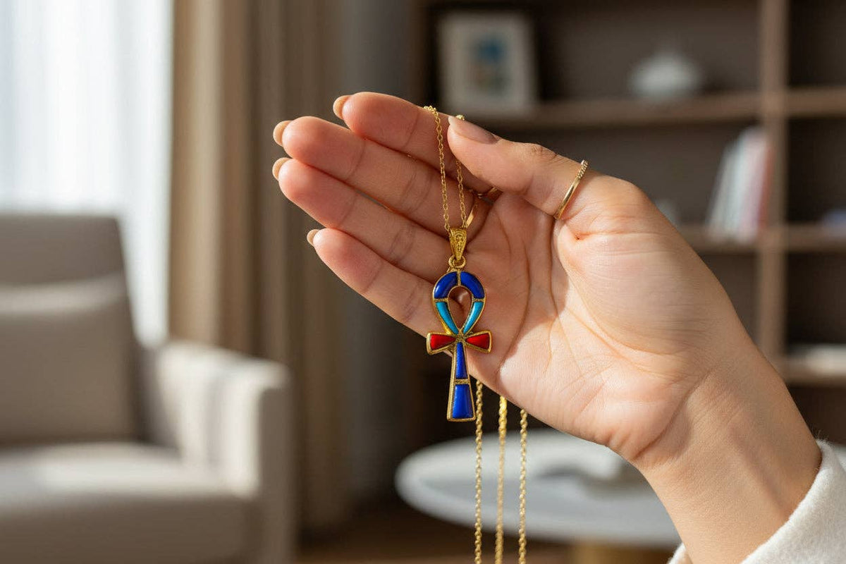 Gold Key Of Life Ankh Pendant Necklace, Lapis Lazuli, Turquoise & Coral Egyptian Jewelry: Pendant Only