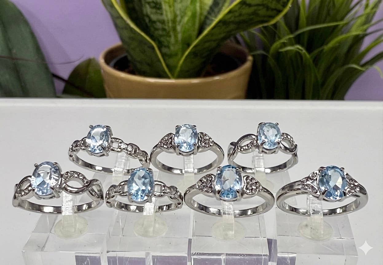Faceted Natural Blue Topaz Stainless Steel Rings 7x9mm