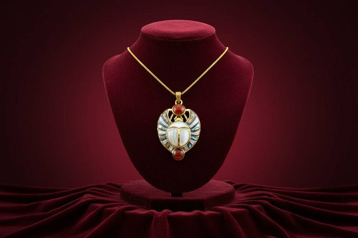 Gold Royal Scarab Pendant Necklace, Mother of Pearl Egyptian Revival Jewelry: Pendant Only