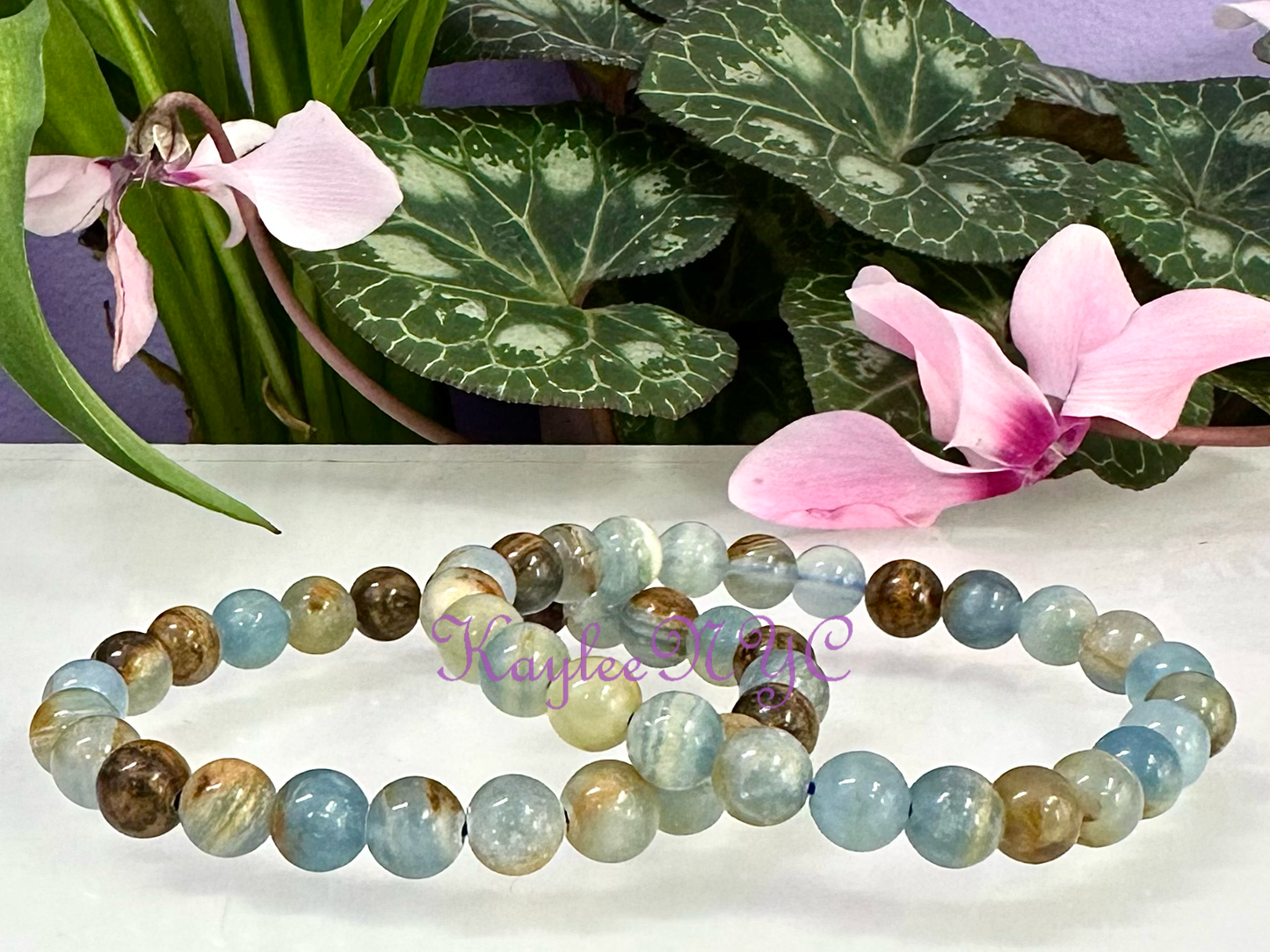 8mm Aquatine Lemurian Calcite Crystal Stretch Bracelet 7.5"