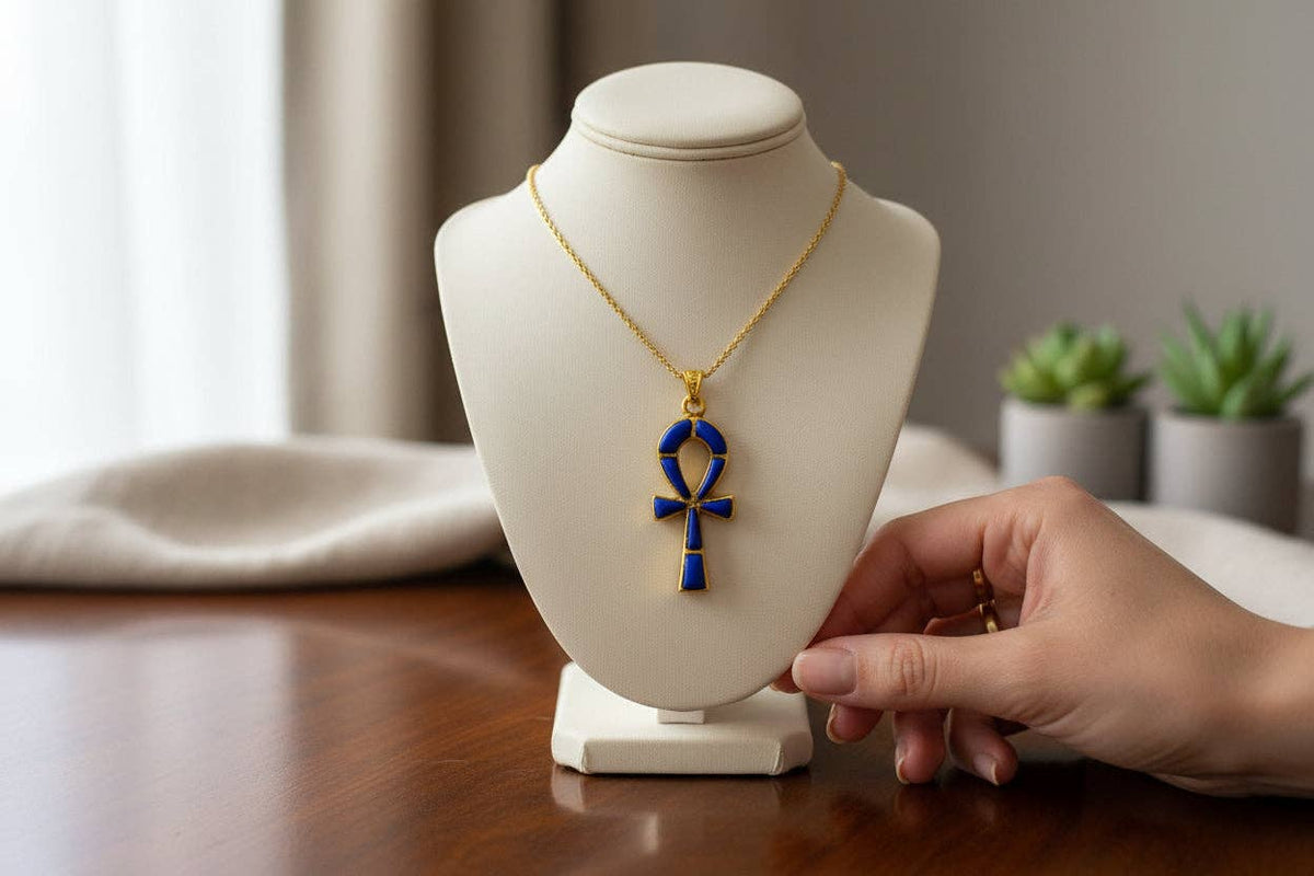 Gold Ankh Lapis Lazuli Pendant Necklace, Egyptian Talisman Jewelry: Pendant Only