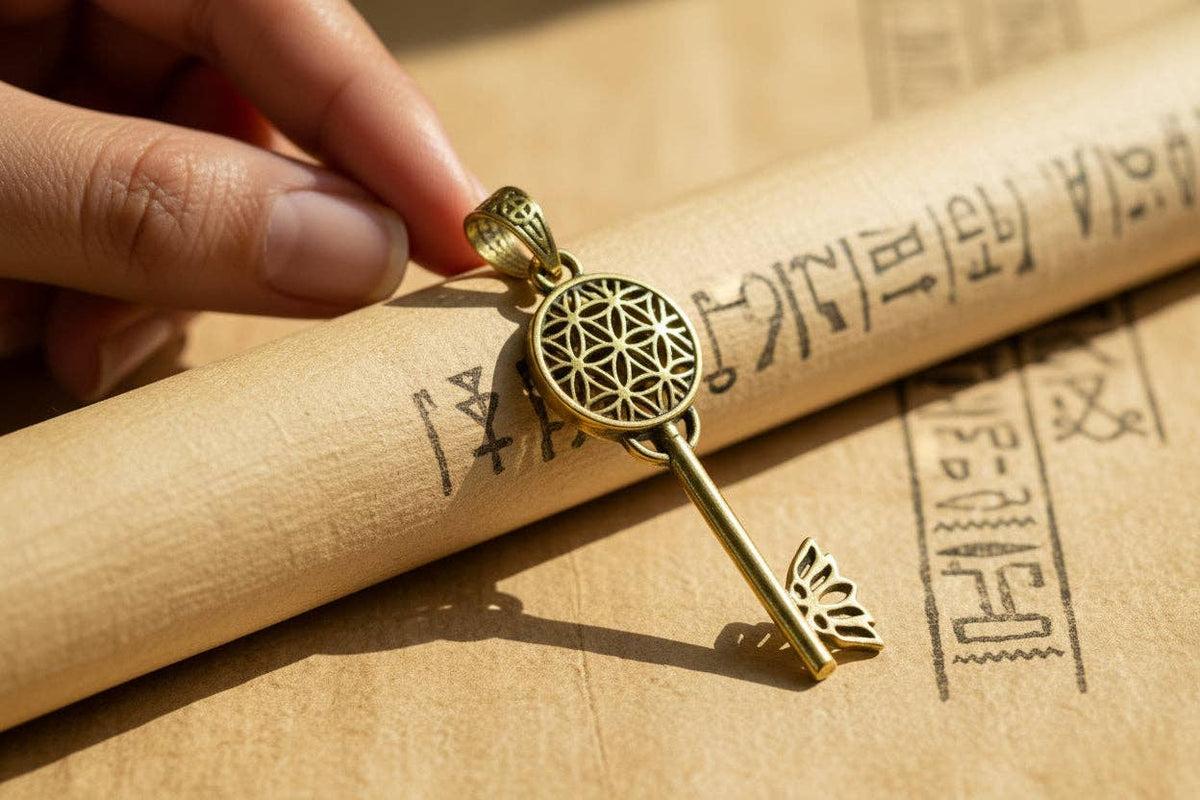 Gold Flower of Life Key Pendant, Egyptian Talisman Necklace: Pendant Only