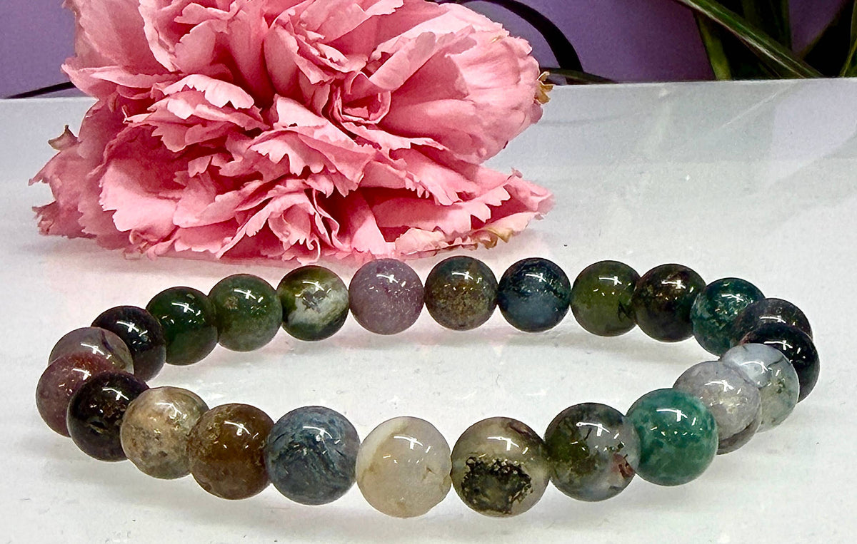 Natural Indian Moss Agate 8mm Crystal Stretch Bracelet 7.5"