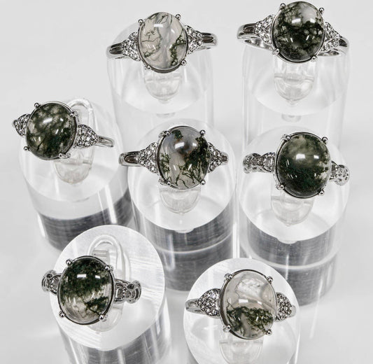 Natural Moss Agate Stainless Steel Rings 10x12mm