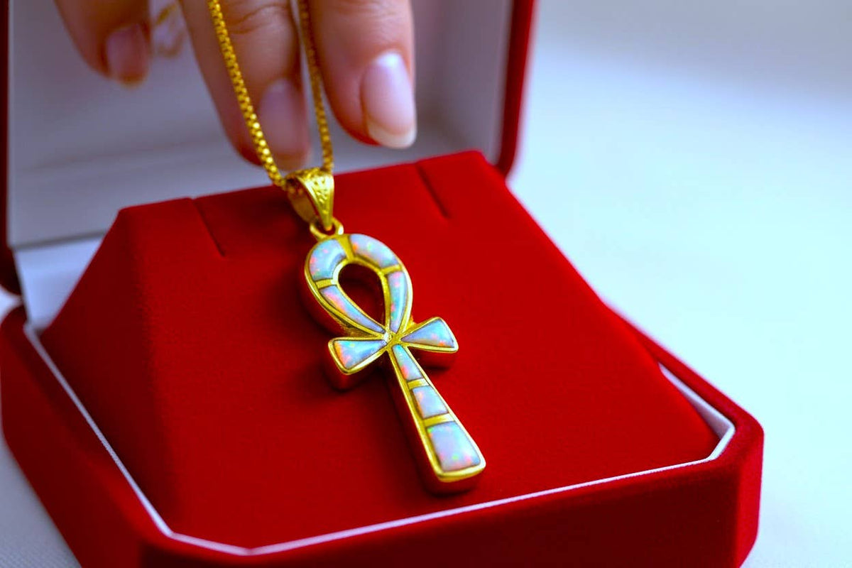 Gold Opal Key Of Life Ankh Pendant, Egyptian Revival Divine Minimalist Necklace: Pendant Only