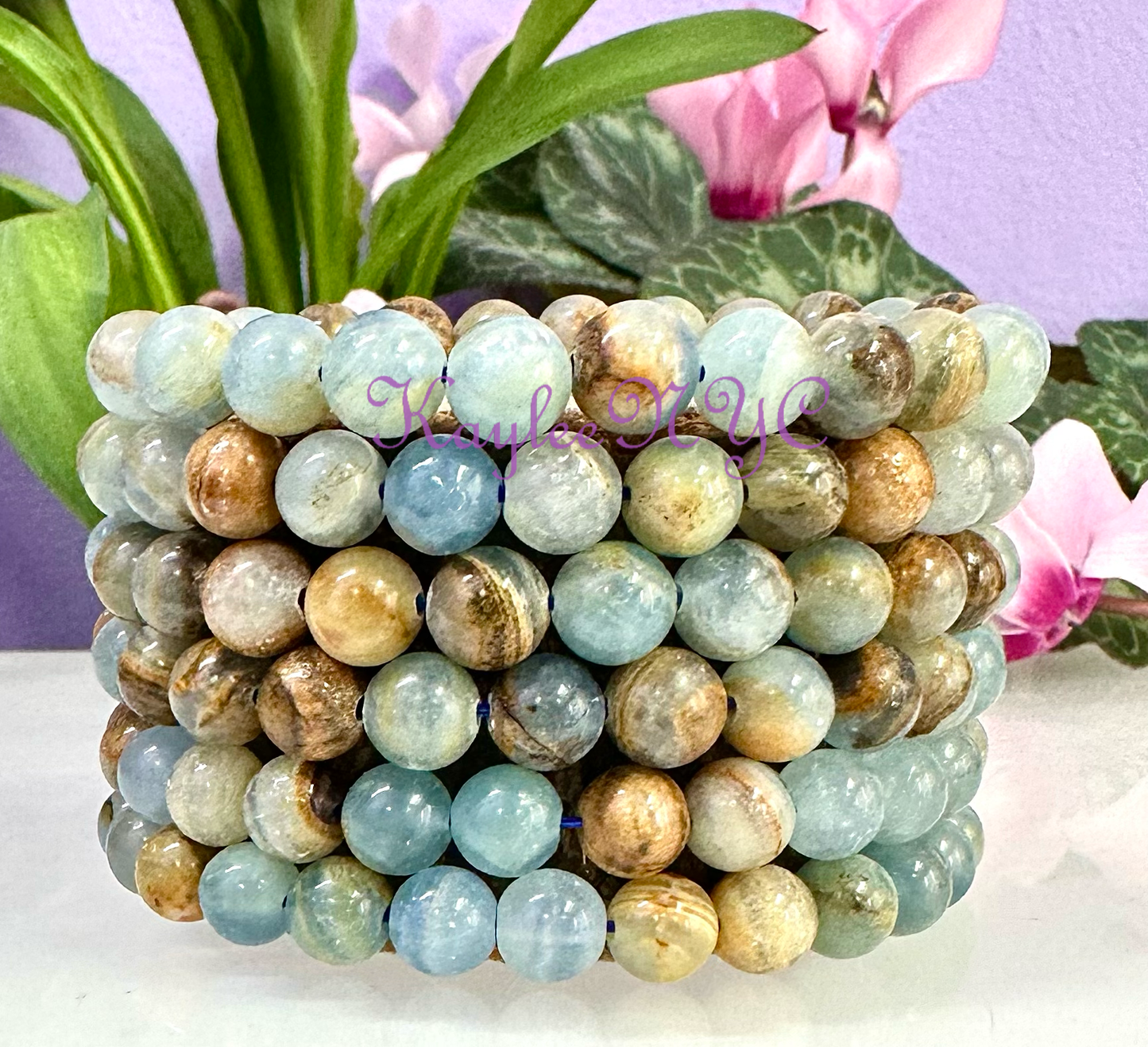 8mm Aquatine Lemurian Calcite Crystal Stretch Bracelet 7.5"