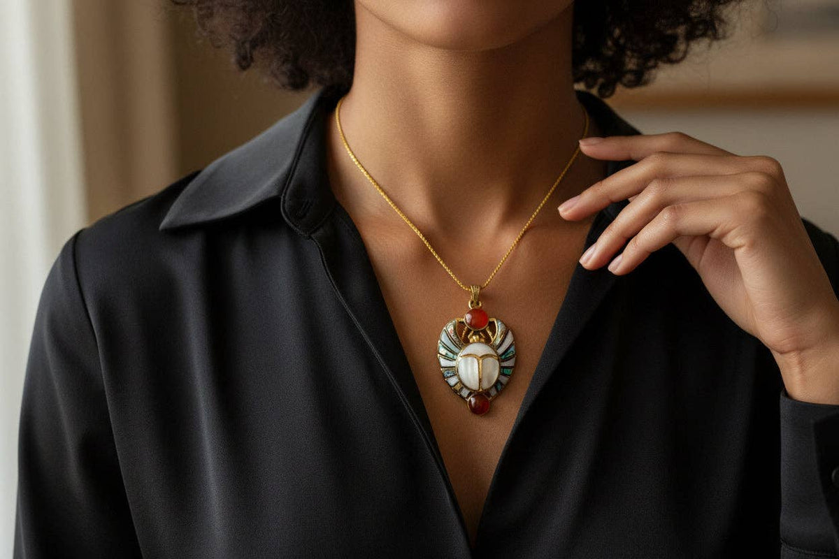 Gold Royal Scarab Pendant Necklace, Mother of Pearl Egyptian Revival Jewelry: Pendant Only