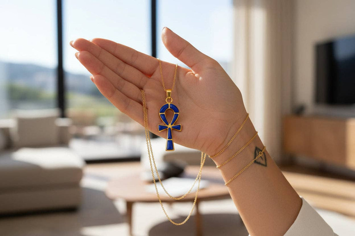 Gold Ankh Lapis Lazuli Pendant Necklace, Egyptian Talisman Jewelry: Pendant Only