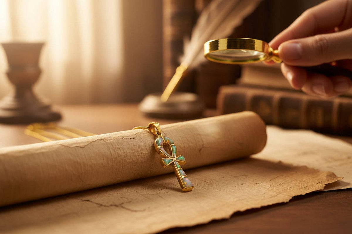 Gold Opal Key Of Life Ankh Pendant, Egyptian Revival Divine Minimalist Necklace: Pendant Only